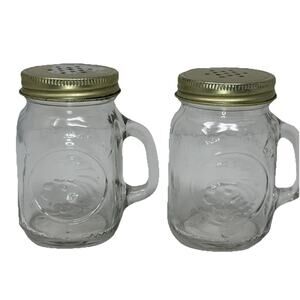 Vintage Mason Jar Mug Golden Harvest Salt and Pepper Shakers Clear Glass